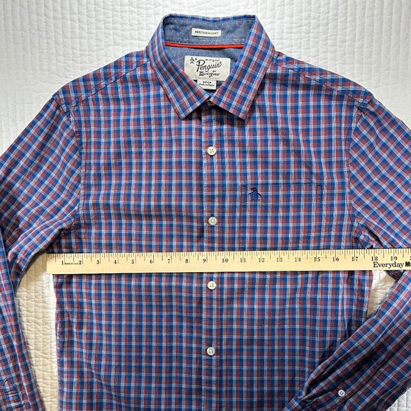 Original Penguin Blue Red Plaid Button Down Heritage Slim Fit Shirt Mens Size S - Picture 7 of 10